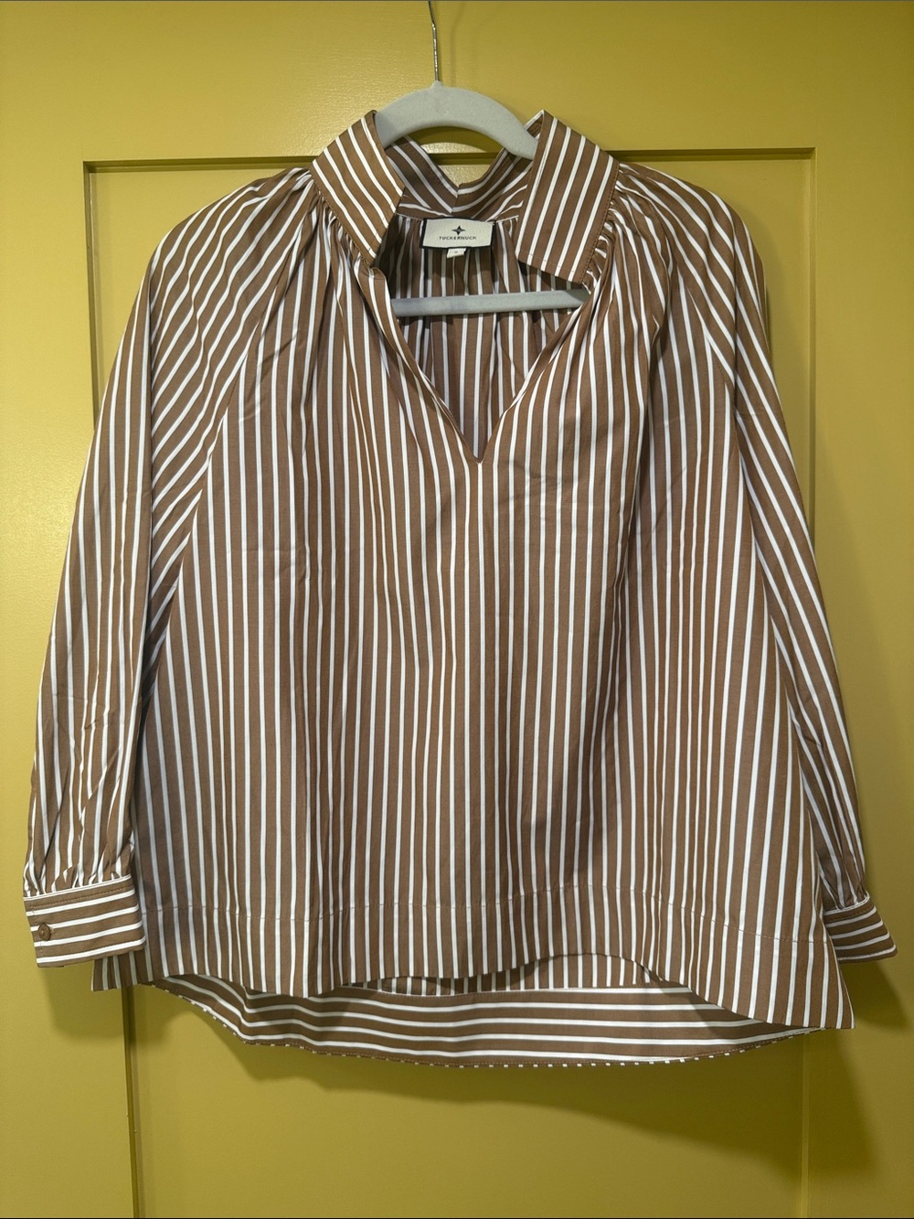 Tuckernuck Striped Brown & White V-Neck Blouse
